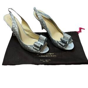 Kate Spade Silver Glitter Peep Toe Slingback Heels Bow Accent Slip-On Pumps 10